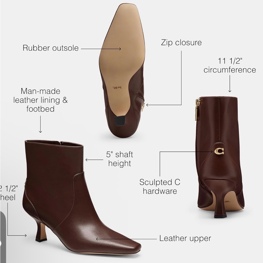 Coach Sculpted C Kitten Heel Leather Ankle Booties Maple Brown 8.5 NIB $275 - Picture 3 of 15